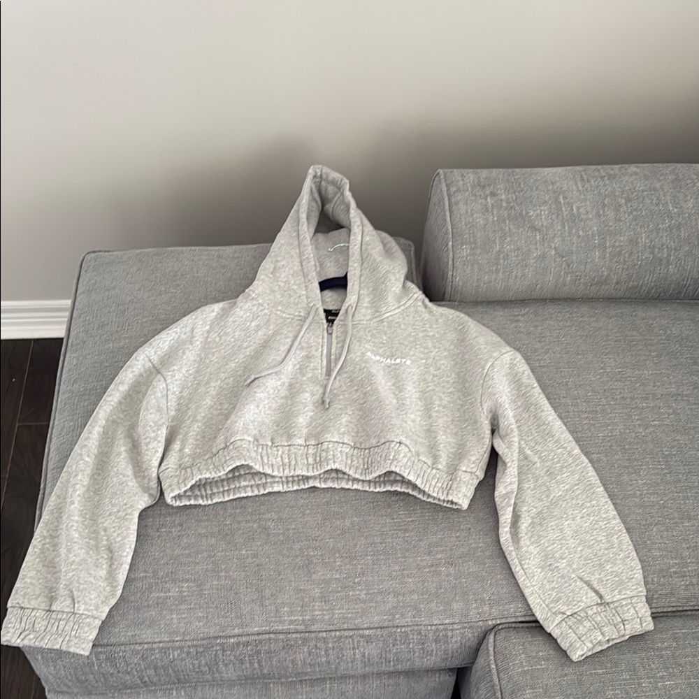 Alphalete Gray Cropped Sweater with Hood and Ribbed Cuffs